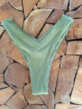 Ribbed V-Front High-Cut Bikini Bottom - Sage Green